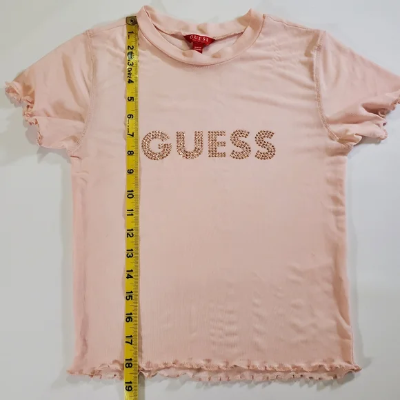 2531 * Guess Mesh Top Rhinestone Logo Sheer Short Sleeve Pink Blush Size S - Picture 8 of 8